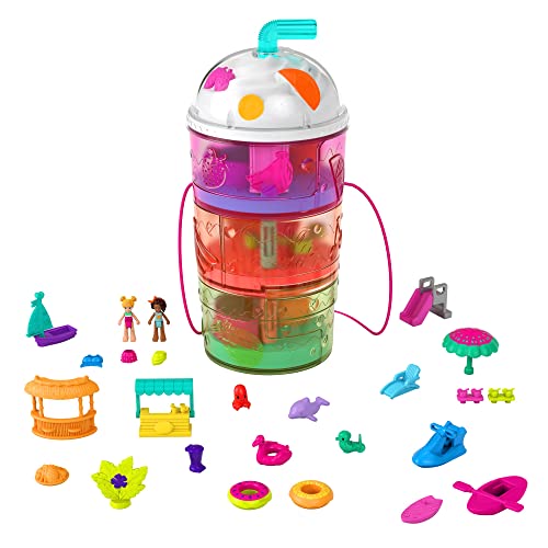 Polly Pocket Spin ‘n Surprise Compact Playset, Tropical Smoothie Shape, Waterpark Theme, 3 Floors, 25 Surprise Accessories Including Polly & Shani Dolls, Great Gift for Ages 4 Years Old & Up