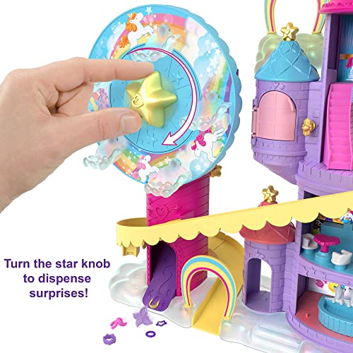 Polly Pocket Rainbow Funland Theme Park, 3 Rides, 7 Play Areas, Polly and Shani Dolls, 2 Unicorns & 25 Surprise Accessories (30 Total Play Pieces), Dispensing Feature for Surprises, for 4 Years & Up