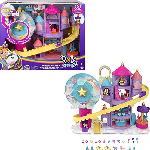 Polly Pocket Rainbow Funland Theme Park, 3 Rides, 7 Play Areas, Polly and Shani Dolls, 2 Unicorns & 25 Surprise Accessories (30 Total Play Pieces), Dispensing Feature for Surprises, for 4 Years & Up