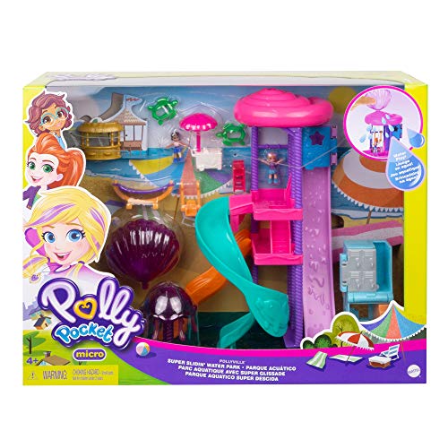 Polly Pocket Pollyville Super Slidin' Water Park with Micro Polly & Lila Dolls, Water Park with Water Feature, 3 Slides, Jellyfish Fountain, Ticket Booth & Locker Room, Water-fillable Seashell & more