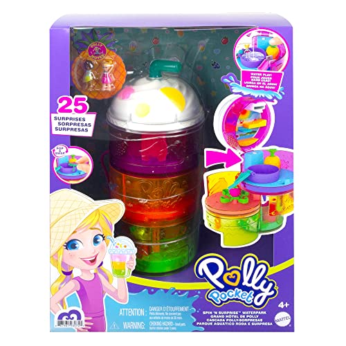Polly Pocket Spin ‘n Surprise Compact Playset, Tropical Smoothie Shape, Waterpark Theme, 3 Floors, 25 Surprise Accessories Including Polly & Shani Dolls, Great Gift for Ages 4 Years Old & Up