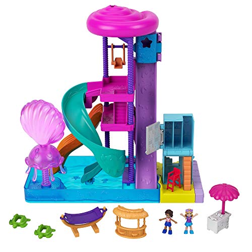 Polly Pocket Pollyville Super Slidin' Water Park with Micro Polly & Lila Dolls, Water Park with Water Feature, 3 Slides, Jellyfish Fountain, Ticket Booth & Locker Room, Water-fillable Seashell & more