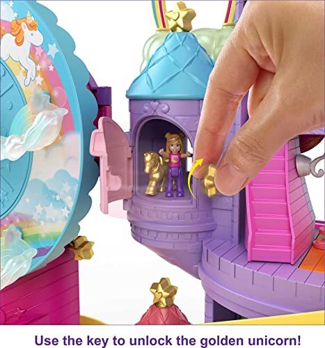 Polly Pocket Rainbow Funland Theme Park, 3 Rides, 7 Play Areas, Polly and Shani Dolls, 2 Unicorns & 25 Surprise Accessories (30 Total Play Pieces), Dispensing Feature for Surprises, for 4 Years & Up