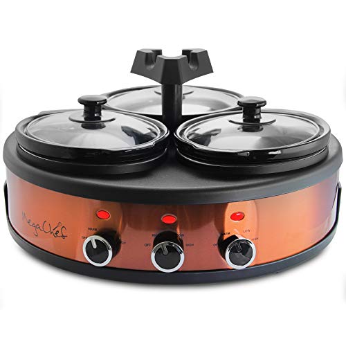 MegaChef MC-1103 Round Triple 1.5 Quart Slow Cooker and Buffet Server in Brushed Copper and Black Finish with 3 Ceramic Cooking Pots and Removable Lid Rests, Copperwith