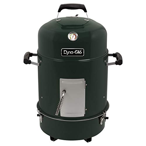 Outdoor Freestanding Charcoal Smoker - 390 Square Inch Cooking Area Dyna-Glo Compact Charcoal Bullet Smoker with Galvanized steel Charcoal and Ash Chamber, Three Stainless Steel Base - High Gloss Forest Green