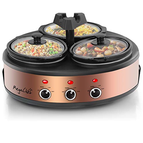 MegaChef MC-1103 Round Triple 1.5 Quart Slow Cooker and Buffet Server in Brushed Copper and Black Finish with 3 Ceramic Cooking Pots and Removable Lid Rests, Copperwith