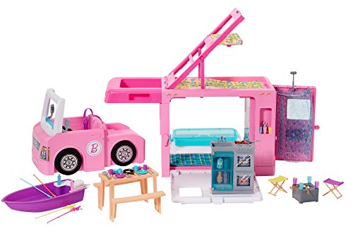 Barbie 3-In-1 Dreamcamper Vehicle, Approx. 3-Ft, Transforming Camper with Pool, Truck, Boat and 50 Accessories, Makes A Great Gift for 3 to 7 Year Olds