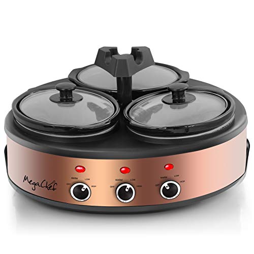 MegaChef MC-1103 Round Triple 1.5 Quart Slow Cooker and Buffet Server in Brushed Copper and Black Finish with 3 Ceramic Cooking Pots and Removable Lid Rests, Copperwith