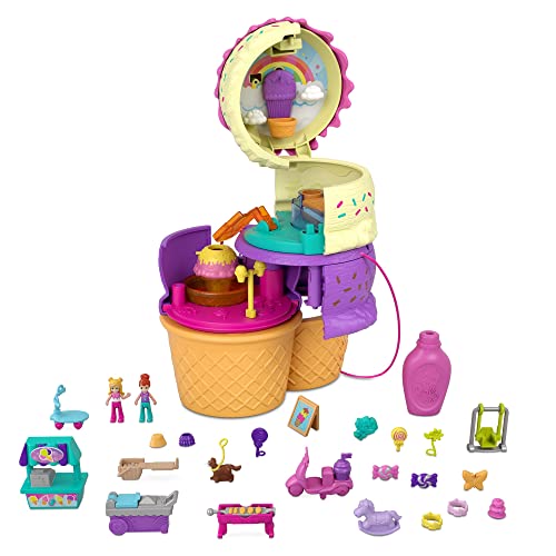 Polly Pocket Spin ‘n Surprise Compact Playset, Ice Cream Cone Shape, Playground Theme, 3 Floors, 25 Surprise Accessories Including Micro Polly & Lila Dolls, Great Gift for Ages 4 Years Old & Up