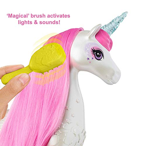 Barbie Dreamtopia Brush 'n Sparkle Unicorn with Lights and Sounds, White with Pink Mane and Tail, Gift for 3 to 7 Year Olds