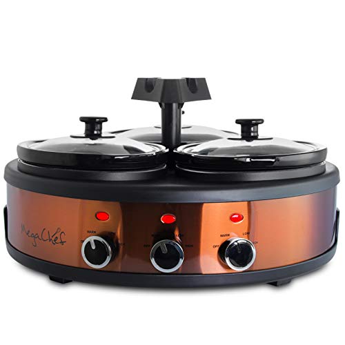 MegaChef MC-1103 Round Triple 1.5 Quart Slow Cooker and Buffet Server in Brushed Copper and Black Finish with 3 Ceramic Cooking Pots and Removable Lid Rests, Copperwith