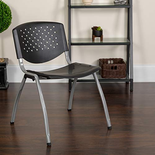 Flash Furniture HERCULES Series 880 Lb. Capacity Black Polypropylene Stack Chair with Titanium Frame Finish