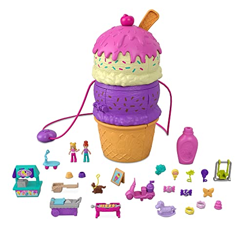 Polly Pocket Spin ‘n Surprise Compact Playset, Ice Cream Cone Shape, Playground Theme, 3 Floors, 25 Surprise Accessories Including Micro Polly & Lila Dolls, Great Gift for Ages 4 Years Old & Up