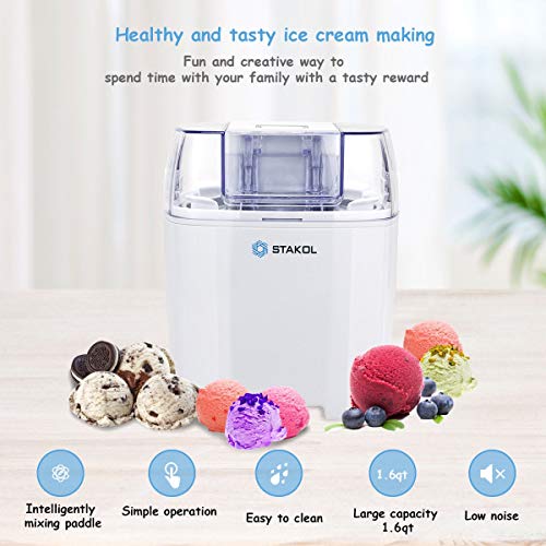 White Frozen Desserts Self-Starting Motor 1.6-Quart Bowl Large Chute Detachable Bowl Paddle See-Through Cover Compact Convenient Automatic Ice Cream Making Tool