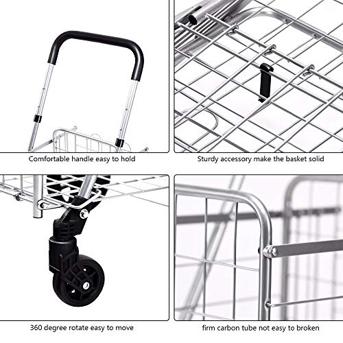 BCGT 2020 New Folding Shopping Cart Jumbo Basket Rolling Utility Trolley Adjustable Handle