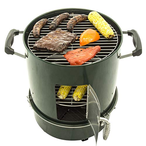 Outdoor Freestanding Charcoal Smoker - 390 Square Inch Cooking Area Dyna-Glo Compact Charcoal Bullet Smoker with Galvanized steel Charcoal and Ash Chamber, Three Stainless Steel Base - High Gloss Forest Green