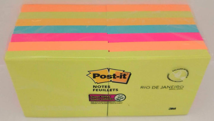 Post-it Super Sticky Notes, 3 in x 3 in, Rio de Janeiro Collection, 14 Pads, 90 Sheets/Pad