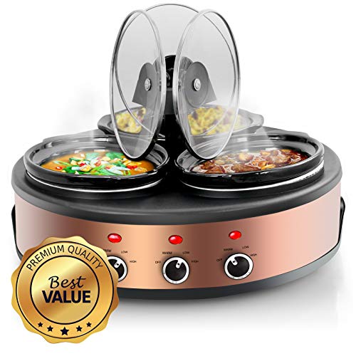 MegaChef MC-1103 Round Triple 1.5 Quart Slow Cooker and Buffet Server in Brushed Copper and Black Finish with 3 Ceramic Cooking Pots and Removable Lid Rests, Copperwith