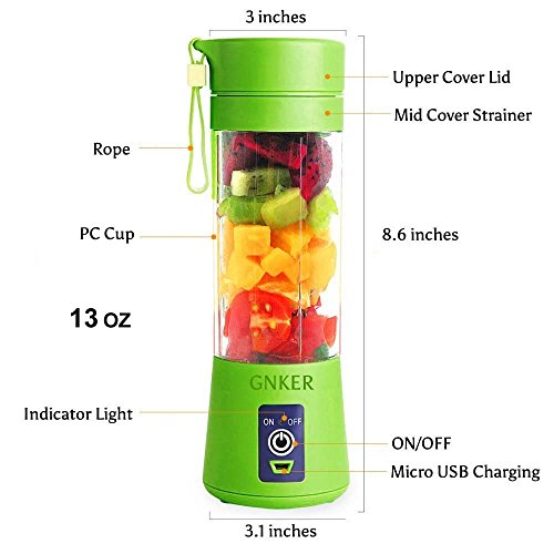 Portable Juicer with Travel Sport Bottle Electric Fruit Blender Cup 6 Blades Baby Food Maker USB Charger Cable Automatic Shaker Blender Mixer 13 Ounce