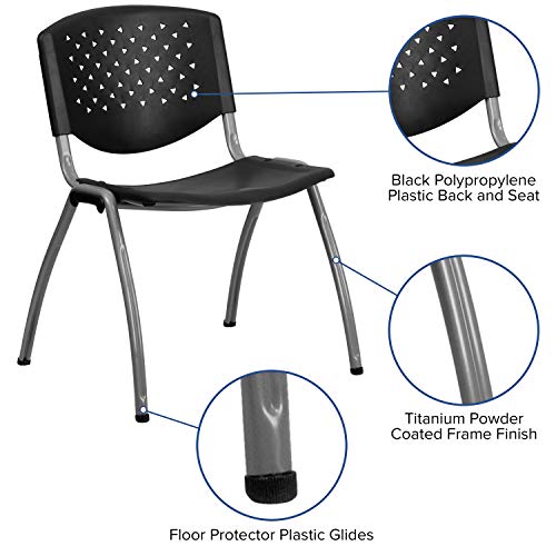 Flash Furniture HERCULES Series 880 Lb. Capacity Black Polypropylene Stack Chair with Titanium Frame Finish