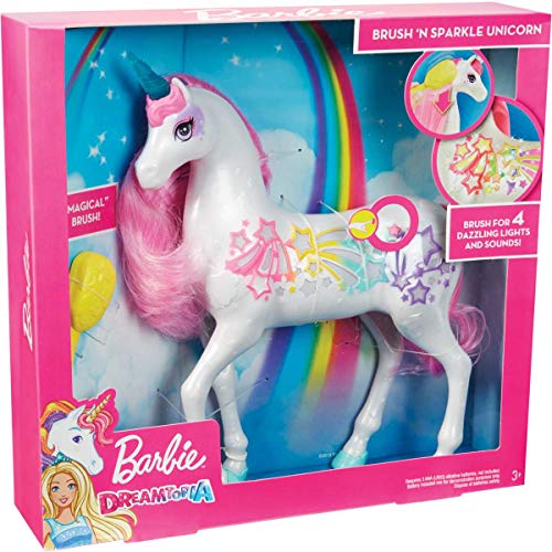 Barbie Dreamtopia Brush 'n Sparkle Unicorn with Lights and Sounds, White with Pink Mane and Tail, Gift for 3 to 7 Year Olds