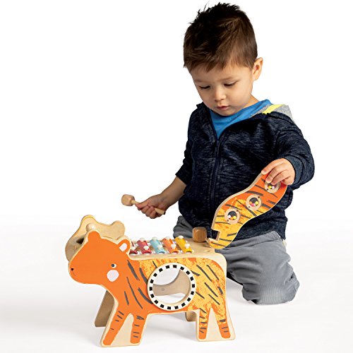 Manhattan Toy Musical Tiger Wooden Instrument for Toddlers with Xylophone, Drumsticks, Cymbal and Maraca