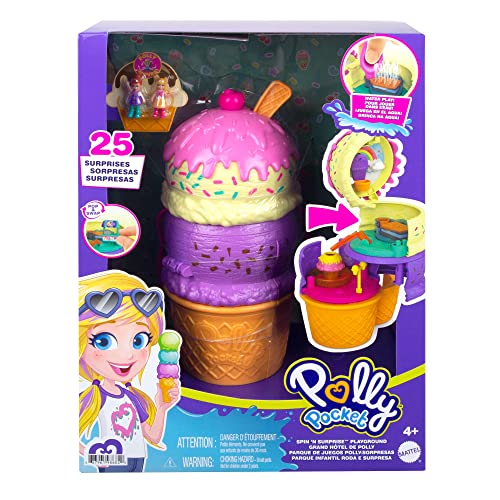 Polly Pocket Spin ‘n Surprise Compact Playset, Ice Cream Cone Shape, Playground Theme, 3 Floors, 25 Surprise Accessories Including Micro Polly & Lila Dolls, Great Gift for Ages 4 Years Old & Up