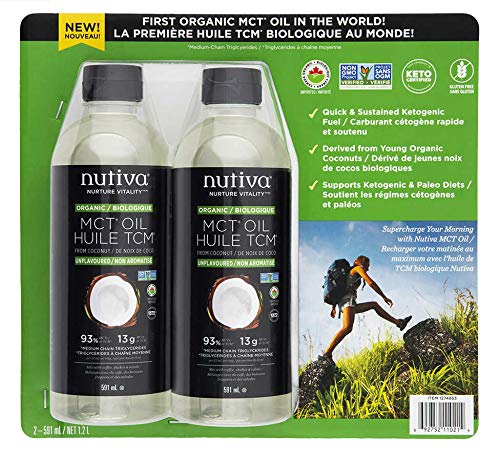 Nutiva Organic MCT Oil From Young Coconuts with Caprylic, Capric, Lauric Acids, For Ketogenic, Paleo Diets (2x591 mL, 1.2 L Total)