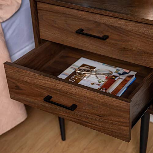 Bedside Accent Table Wooden Nightstand - Winningham 2 Drawers Nightstand Manufactured Wood Structured Drawers and Sleek, Tapered Legs Painted a Solid Colour, Dark Walnut