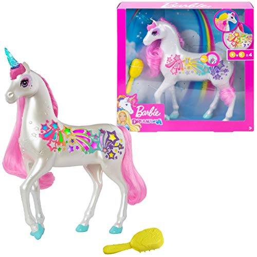 Barbie Dreamtopia Brush 'n Sparkle Unicorn with Lights and Sounds, White with Pink Mane and Tail, Gift for 3 to 7 Year Olds