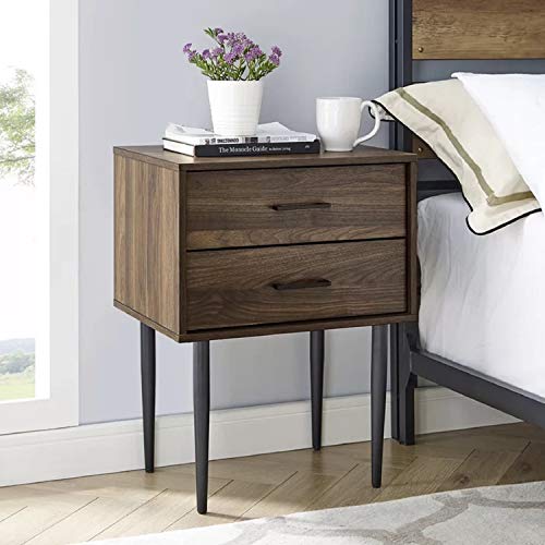 Bedside Accent Table Wooden Nightstand - Winningham 2 Drawers Nightstand Manufactured Wood Structured Drawers and Sleek, Tapered Legs Painted a Solid Colour, Dark Walnut