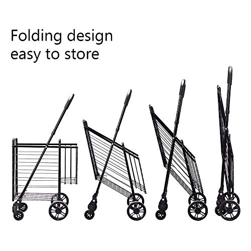 BCGT 2020 New Folding Shopping Cart Jumbo Basket Rolling Utility Trolley Adjustable Handle