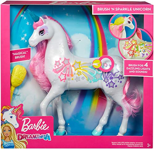 Barbie Dreamtopia Brush 'n Sparkle Unicorn with Lights and Sounds, White with Pink Mane and Tail, Gift for 3 to 7 Year Olds
