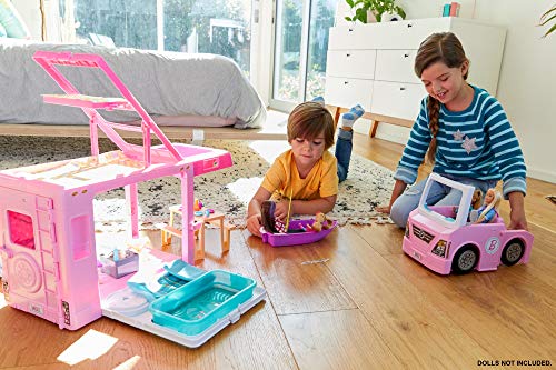 Barbie 3-In-1 Dreamcamper Vehicle, Approx. 3-Ft, Transforming Camper with Pool, Truck, Boat and 50 Accessories, Makes A Great Gift for 3 to 7 Year Olds