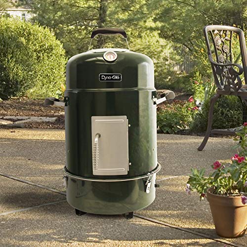Outdoor Freestanding Charcoal Smoker - 390 Square Inch Cooking Area Dyna-Glo Compact Charcoal Bullet Smoker with Galvanized steel Charcoal and Ash Chamber, Three Stainless Steel Base - High Gloss Forest Green