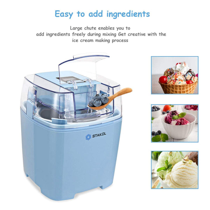 Blue Frozen Desserts Self-Starting Motor 1.6-Quart Bowl Large Chute Detachable Bowl Paddle See-Through Cover Compact Convenient Automatic Ice Cream Making Tool