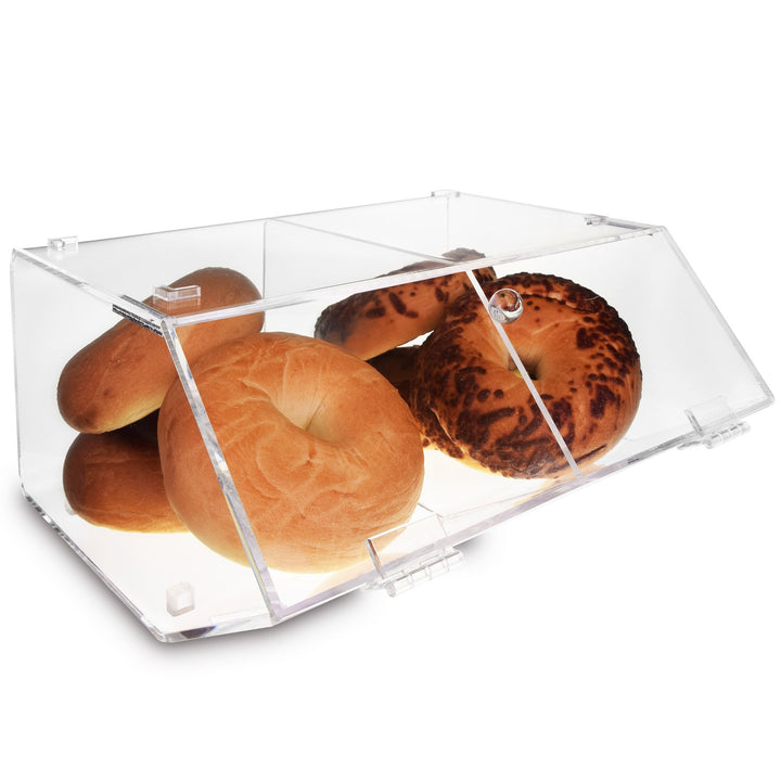 Ikee Design Acrylic Stackable Bakery Display Case Storage Holder Stand for Bagels w/A Hinged Slanted Door & A Divider