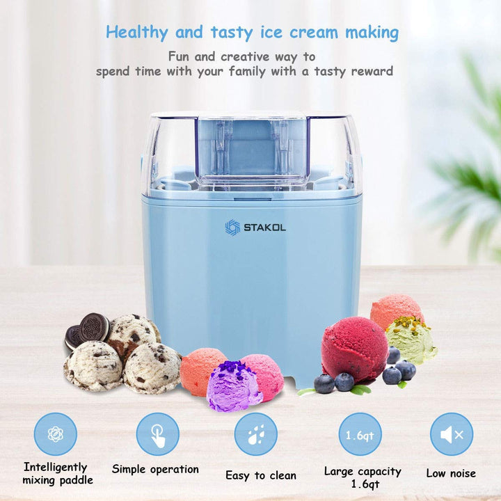 Blue Frozen Desserts Self-Starting Motor 1.6-Quart Bowl Large Chute Detachable Bowl Paddle See-Through Cover Compact Convenient Automatic Ice Cream Making Tool