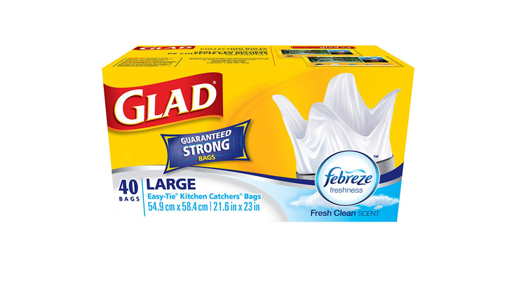 Glad White Garbage Bags - Large 34 Litres - Easy-Tie Handles, with Febreze Freshness, 40 Trash Bags