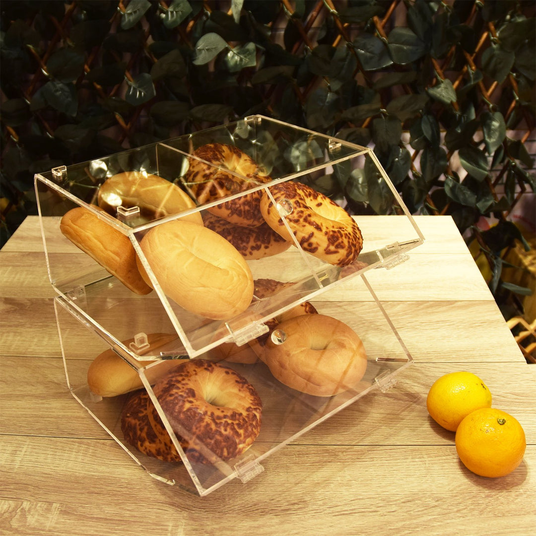 Ikee Design Acrylic Stackable Bakery Display Case Storage Holder Stand for Bagels w/A Hinged Slanted Door & A Divider