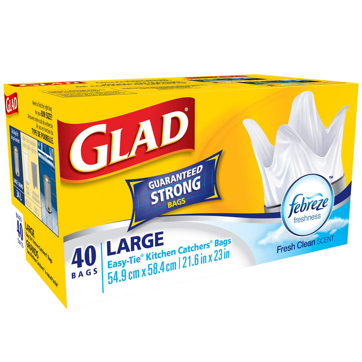 Glad White Garbage Bags - Large 34 Litres - Easy-Tie Handles, with Febreze Freshness, 40 Trash Bags