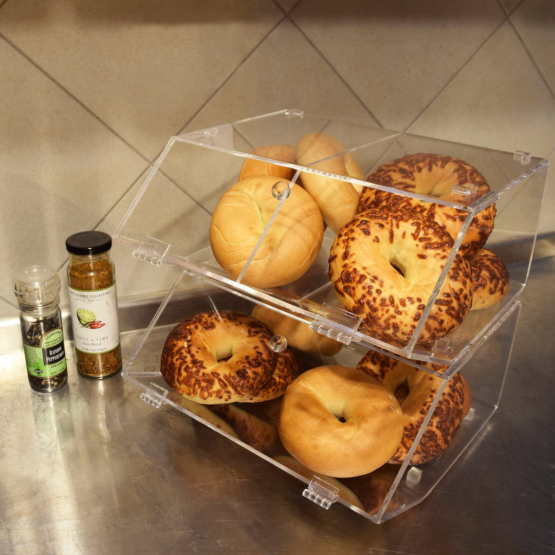 Ikee Design Acrylic Stackable Bakery Display Case Storage Holder Stand for Bagels w/A Hinged Slanted Door & A Divider