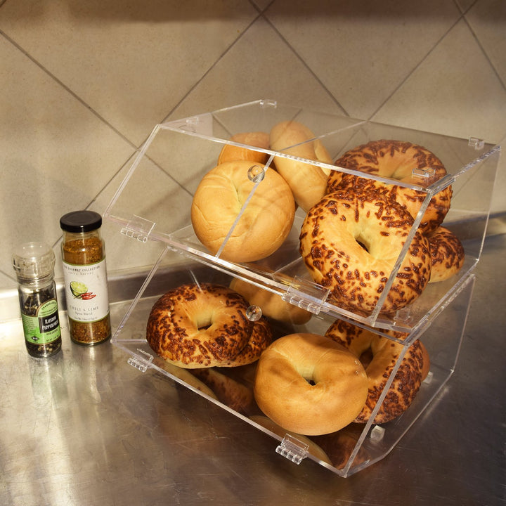 Ikee Design Acrylic Stackable Bakery Display Case Storage Holder Stand for Bagels w/A Hinged Slanted Door & A Divider