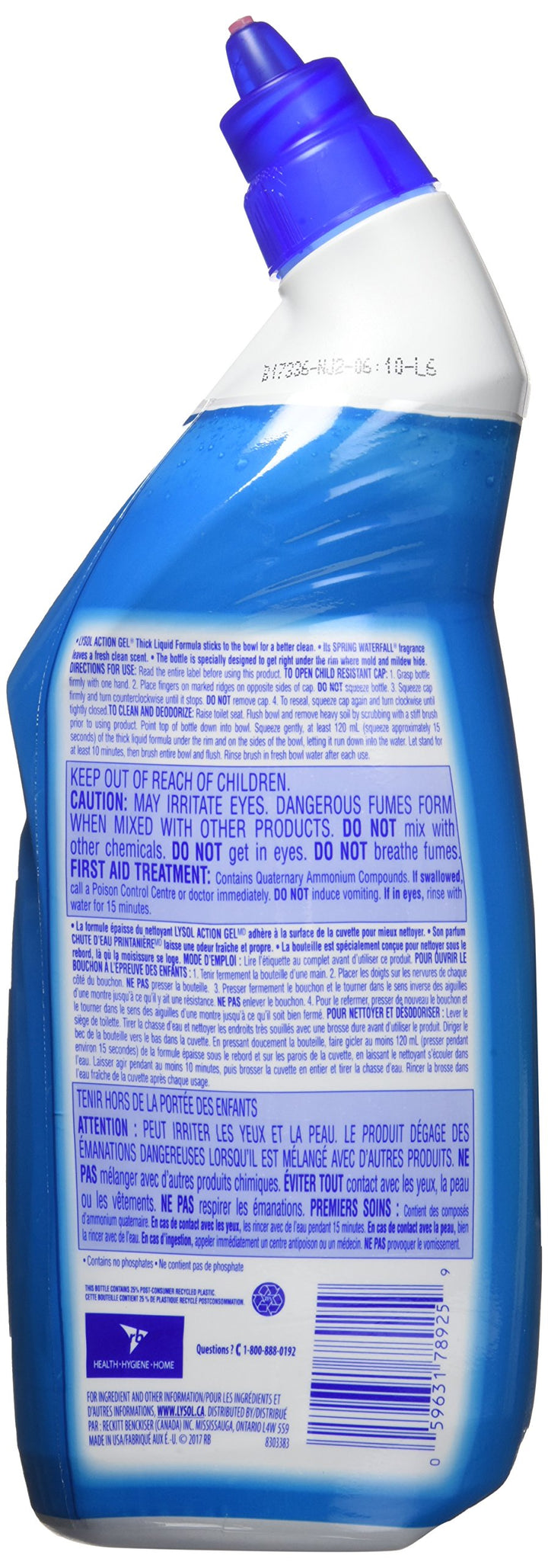 Lysol Toilet Bowl Cleaner, Action Gel, Spring Waterfall, 710ml, 8x Clinging Gel