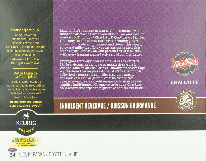 Timothy's World Coffee Chai Latte K-Cups for Keurig Brewers 24 Count