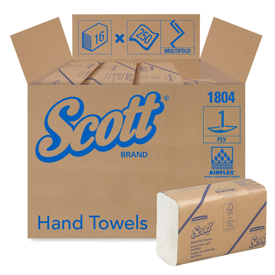 Scott Multifold Paper Towels (01804) with Fast-Drying Absorbency Pockets, White, 16 Packs/Case, 250 Multifold Towels/Pack