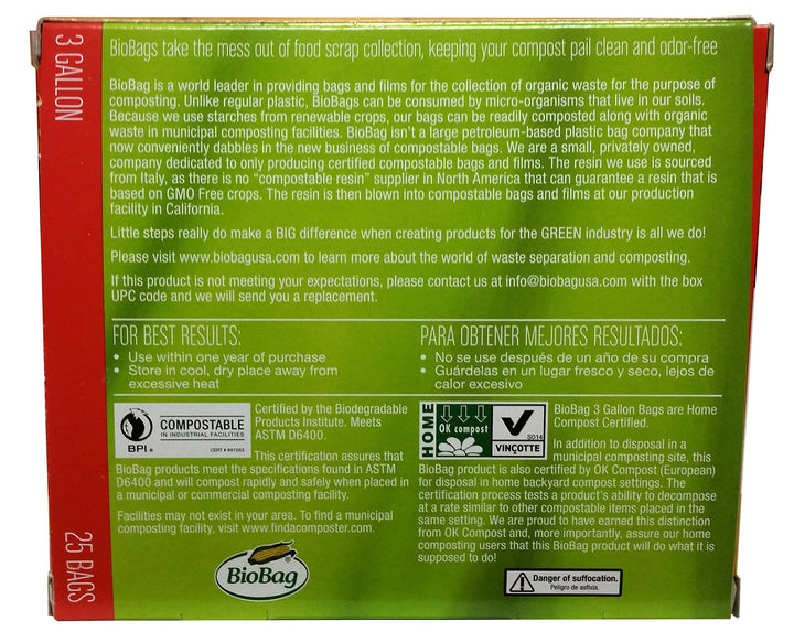 BioBag Food Waste Compostable Bags (3 Gallon), 25-Count Boxes (Pack of 4)